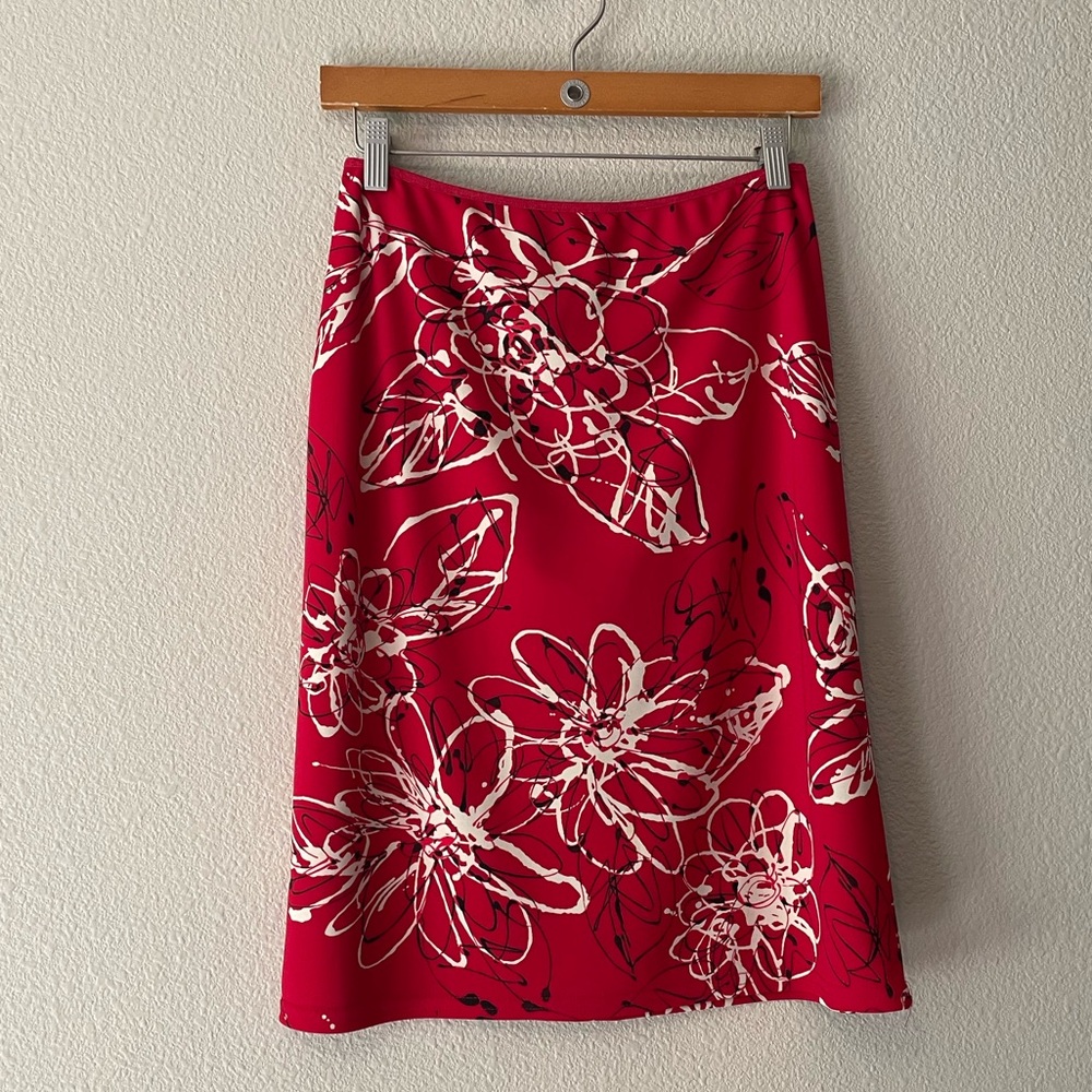 Y2K mesh midi skirt in red with white floral design and black accents